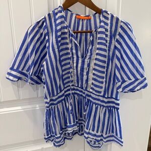 Oliphant Blue White Stripe Peplum Top Boho Cotton Blouse Size S